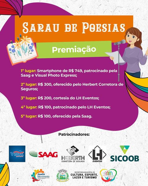 Premiações do Sarau de Poesias com o apoio de nossos incríveis patrocinadores: